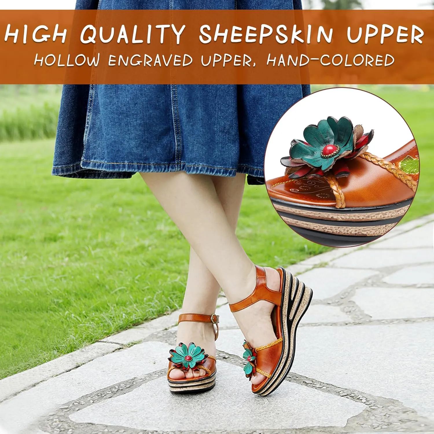 Riutiru Women's Handmade Lambskin Retro Casual Sandals for Spring and Summer, Contrast 3D Color-blocking Flower Comfortable High-heeled Sandals for Women