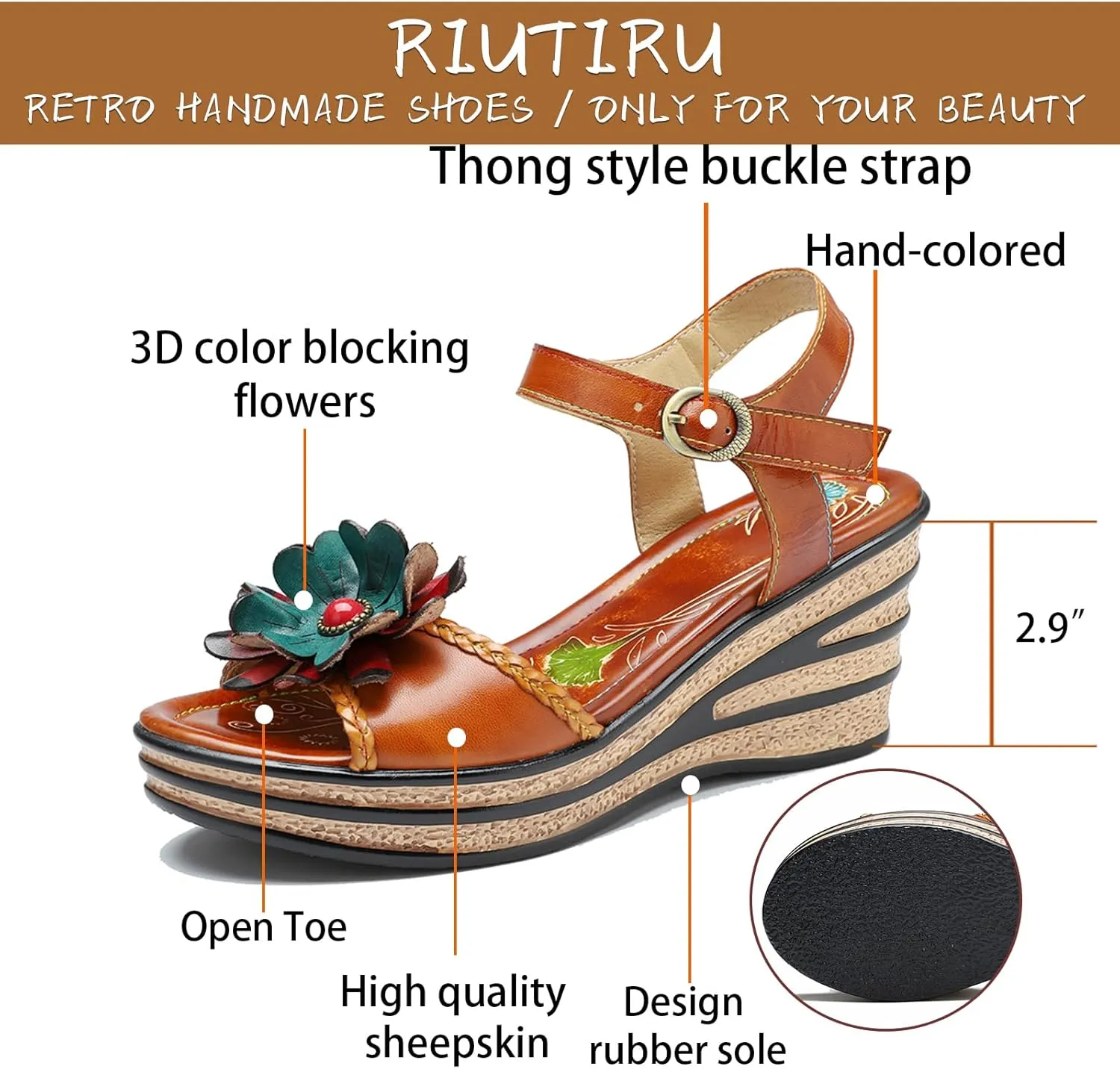 Riutiru Women's Handmade Lambskin Retro Casual Sandals for Spring and Summer, Contrast 3D Color-blocking Flower Comfortable High-heeled Sandals for Women