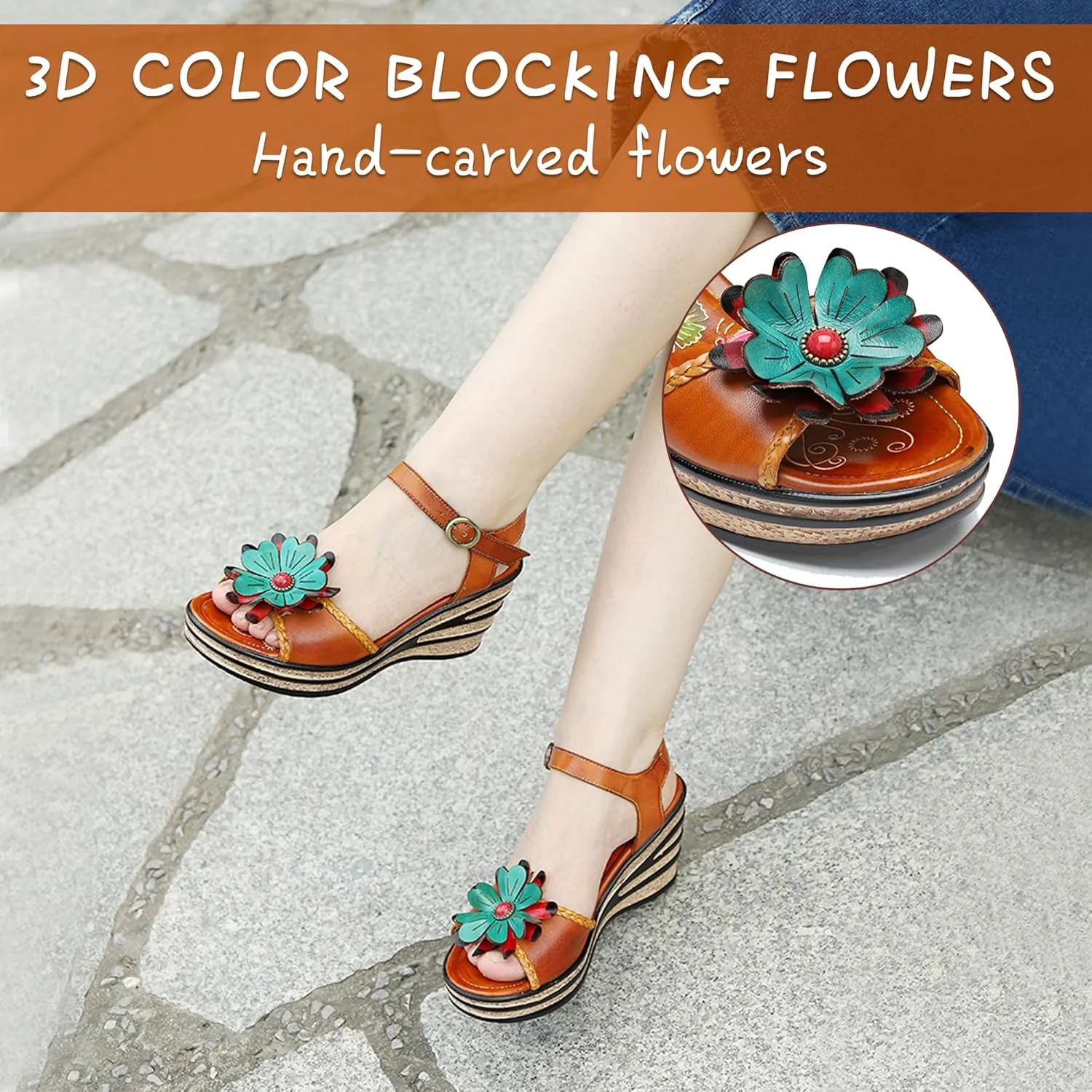 Riutiru Women's Handmade Lambskin Retro Casual Sandals for Spring and Summer, Contrast 3D Color-blocking Flower Comfortable High-heeled Sandals for Women