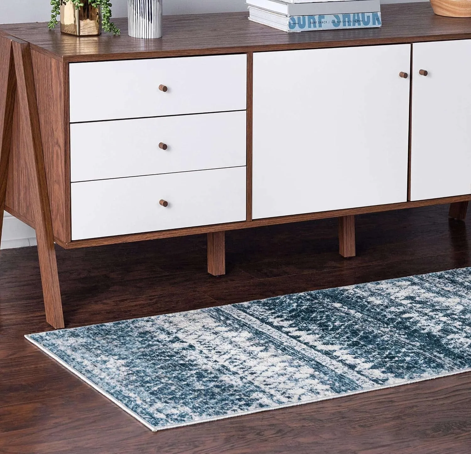 Rugs.com Leipzig Collection Runner Rug – 6 Ft Runner Blue Low-Pile Rug Perfect for Hallways, Entryways