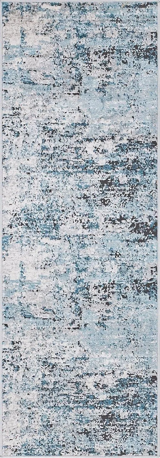 Rugs.com Leipzig Collection Runner Rug – 6 Ft Runner Blue Low-Pile Rug Perfect for Hallways, Entryways