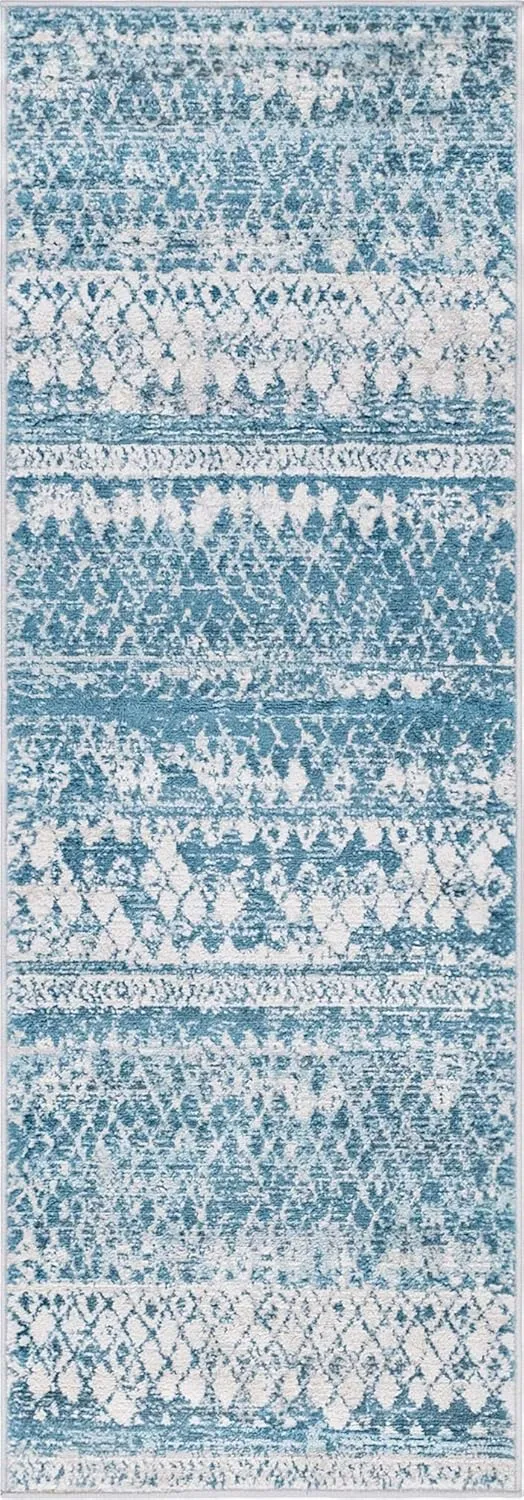 Rugs.com Leipzig Collection Runner Rug – 6 Ft Runner Blue Low-Pile Rug Perfect for Hallways, Entryways