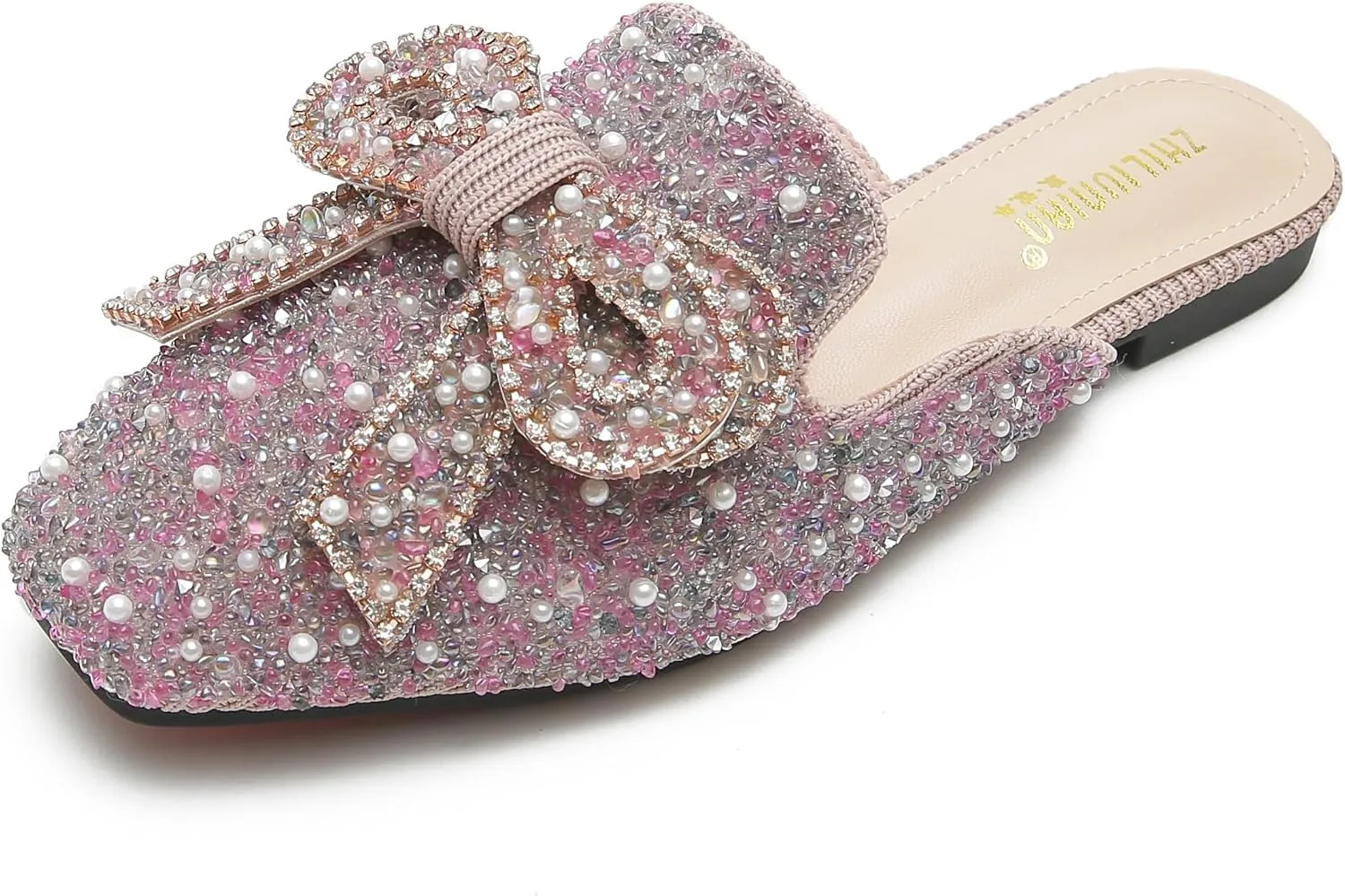 SANIOOOI Women's Pearl Rhinestone Bow Mules,Glitter Square Toe Slip on Flat Ladies Sparkly Baotou Clogs Slippers
