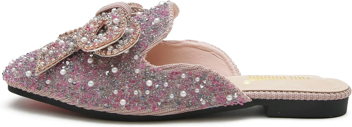 SANIOOOI Women's Pearl Rhinestone Bow Mules,Glitter Square Toe Slip on Flat Ladies Sparkly Baotou Clogs Slippers
