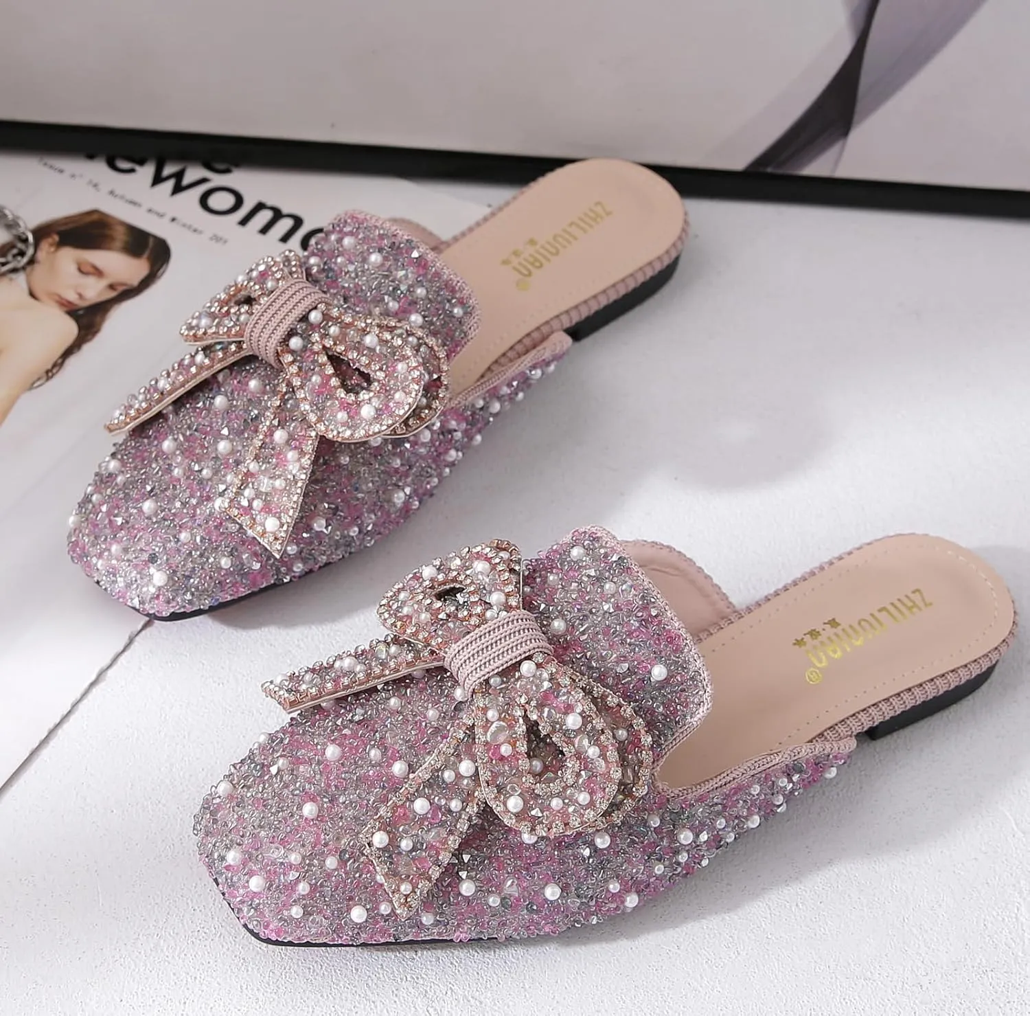 SANIOOOI Women's Pearl Rhinestone Bow Mules,Glitter Square Toe Slip on Flat Ladies Sparkly Baotou Clogs Slippers