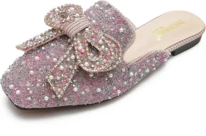 SANIOOOI Women's Pearl Rhinestone Bow Mules,Glitter Square Toe Slip on Flat Ladies Sparkly Baotou Clogs Slippers