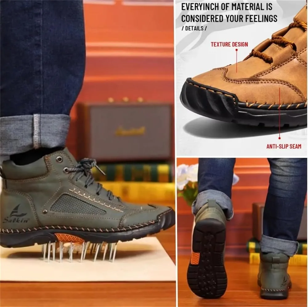 Sawbehind Mens Boots,Sawbehind Leather Shoes, Men's Comfortable Handmade Leather Boots – Waterproof, Outdoor Arch Support Orthopedics Ankle Shoes