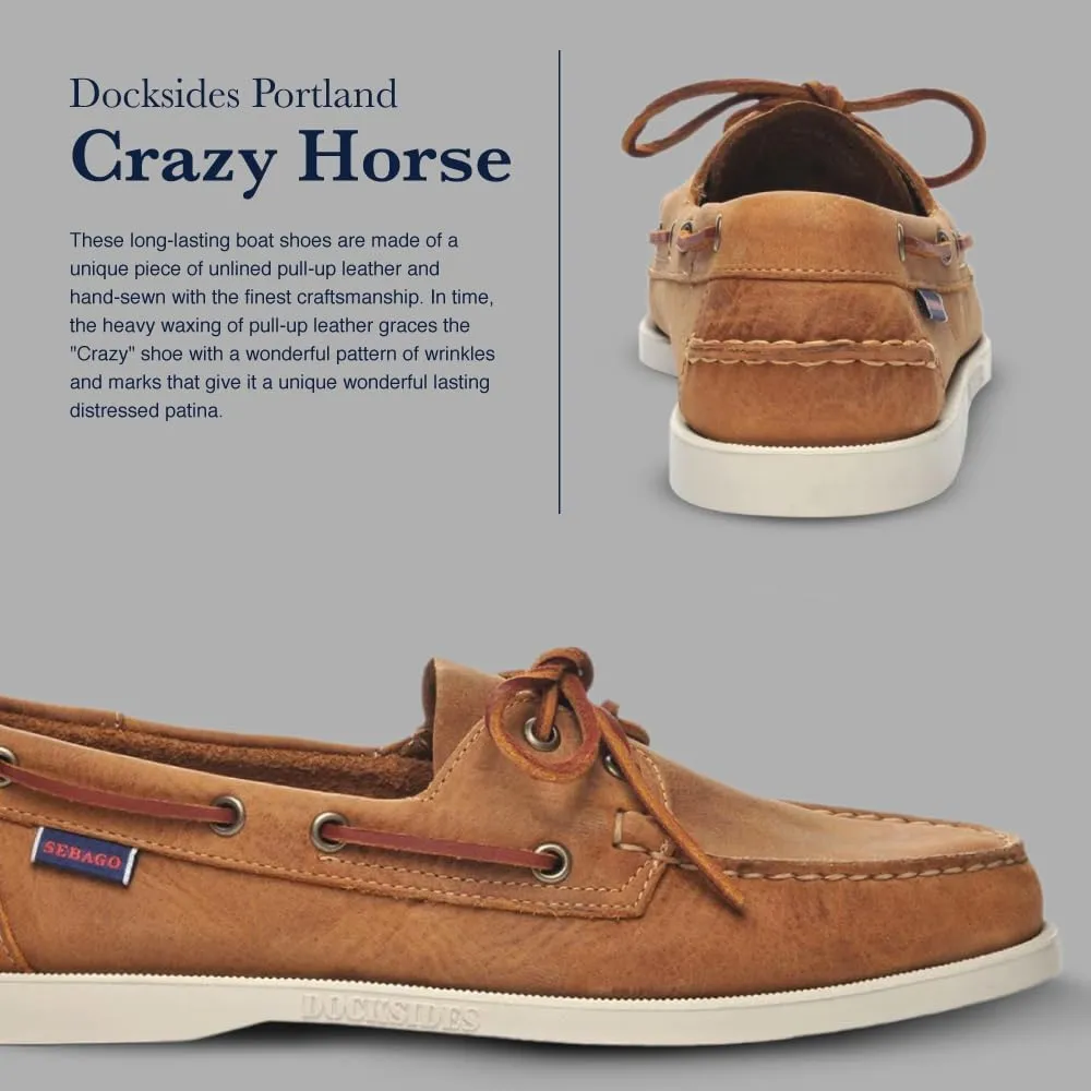 Sebago Portland Crazy H Boat Shoes - Patterned & Distressed Waxed Leather Mocassins with Leather Sock Lining & Non-Marking, Non-Slip Rubber Outsoles