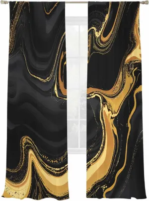 Semi Sheer Curtains 2 Panels 108 Long, Gold Stripe Marble Texture Light Filtering Rod Pocket Voile Drapes Privacy Window Treatment for Living Room Bedroom Decor