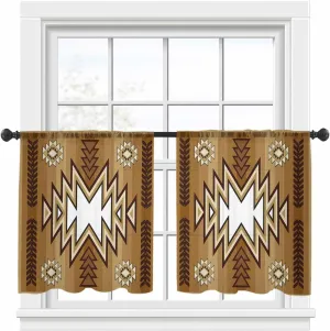 Semi Sheer Curtains 2 Panels 45 Long, Retro Southwest Ethnic Texture Light Filtering Rod Pocket Voile Drapes Privacy Window Treatment for Living Room Bedroom Decor