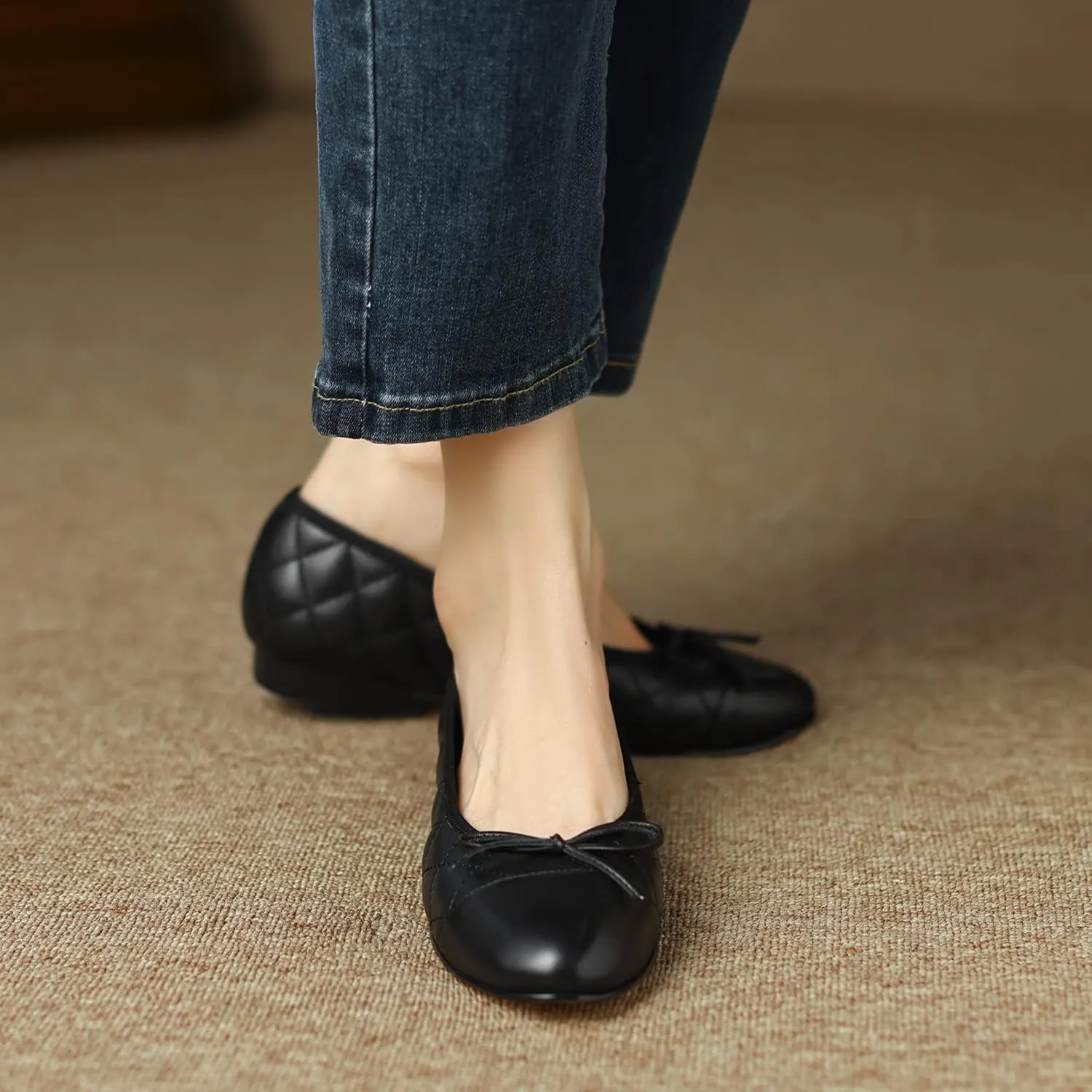SHODENSE Women Cap Toe Bow Flats Two Tone Slip On Ballet Flats Comfy Closed Round Toe Flats Colorblock 1 Inch Low Flat Heel Dress Shoes Chic Chic Casual Drive Flat Shoes 4-11 M US