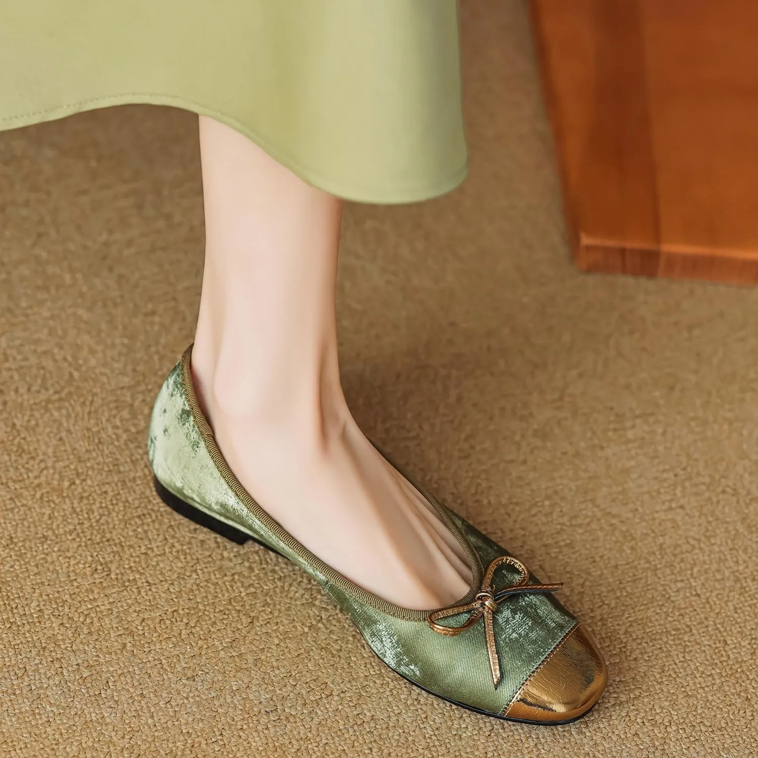 SHODENSE Women Cap Toe Bow Flats Two Tone Suede Slip On Ballet Flats Comfort Closed Round Toe Flat Shoes Velvet Low Flat Heel Dress Shoes Colorblock Retro Office Walking Party Wedding 4-11 M US