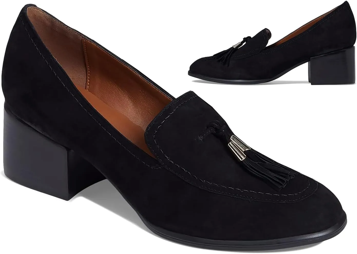 SHODENSE Women Round Toe Chunky Heel Loafers Tassel Slip On Suede Loafer Pumps Fringed Vintage 2 inch Mid Block Heel Dress Shoes with Tassels Comfortable Office Ladies Casual Walking 4-11 M US