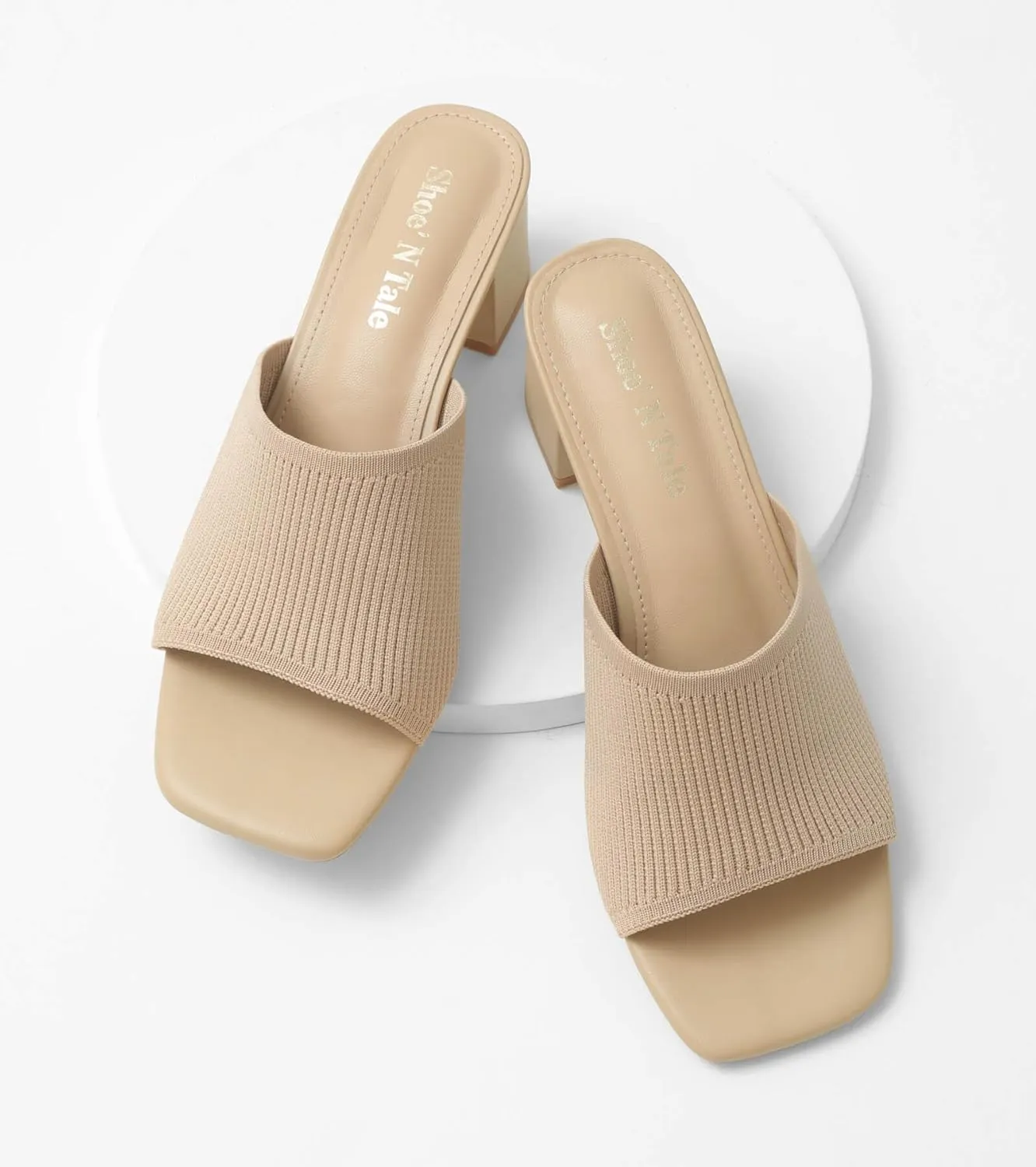 Shoe'N Tale Heeled Sandals For Women Square Open Toe Heeled Mules Chunky Block Low Heel Slip On Slides