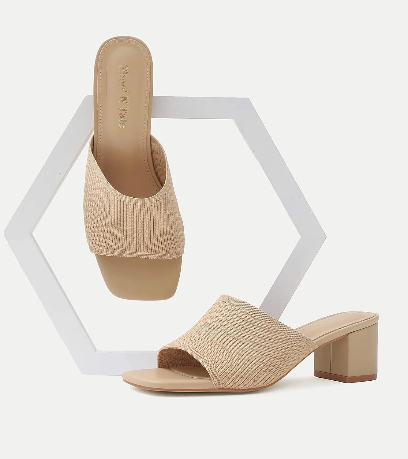 Shoe'N Tale Heeled Sandals For Women Square Open Toe Heeled Mules Chunky Block Low Heel Slip On Slides