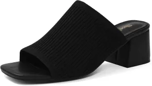 Shoe'N Tale Knit Heeled Sandals for Women Square Open Toe Mules Block Low Heel Slip On Slides