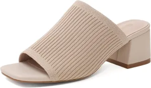 Shoe'N Tale Knit Heeled Sandals for Women Square Open Toe Mules Block Low Heel Slip On Slides