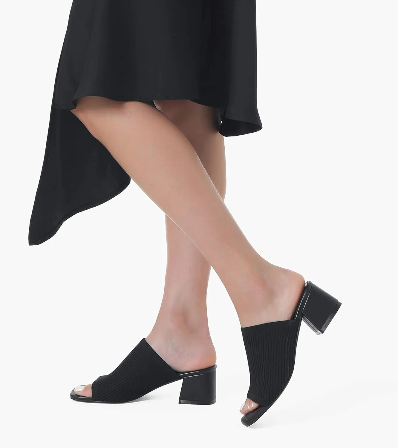 Shoe'N Tale Knit Heeled Sandals for Women Square Open Toe Mules Block Low Heel Slip On Slides