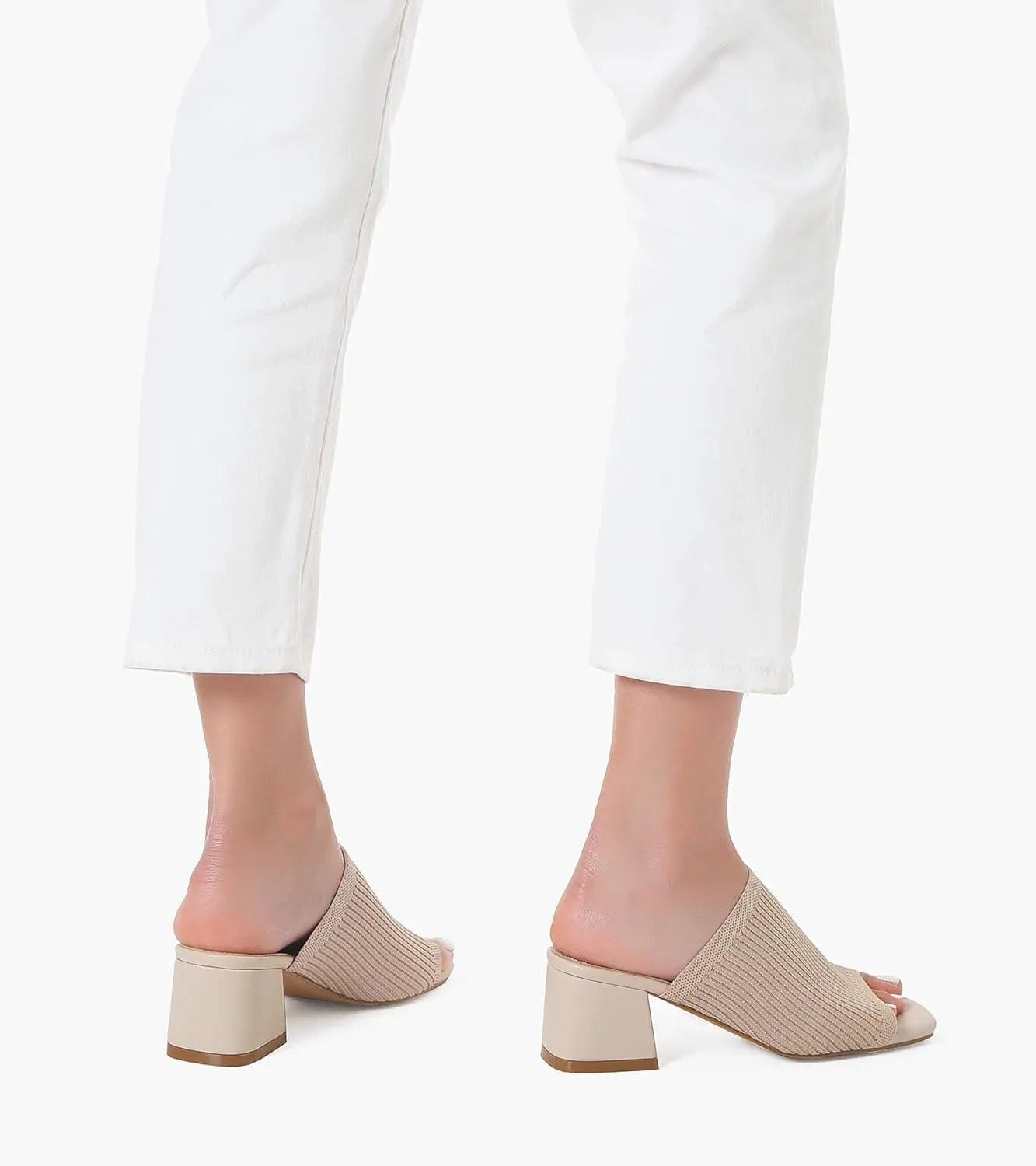 Shoe'N Tale Knit Heeled Sandals for Women Square Open Toe Mules Block Low Heel Slip On Slides