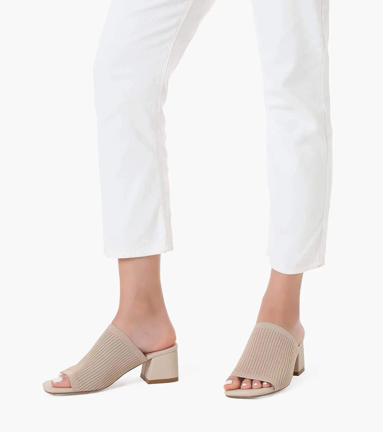 Shoe'N Tale Knit Heeled Sandals for Women Square Open Toe Mules Block Low Heel Slip On Slides