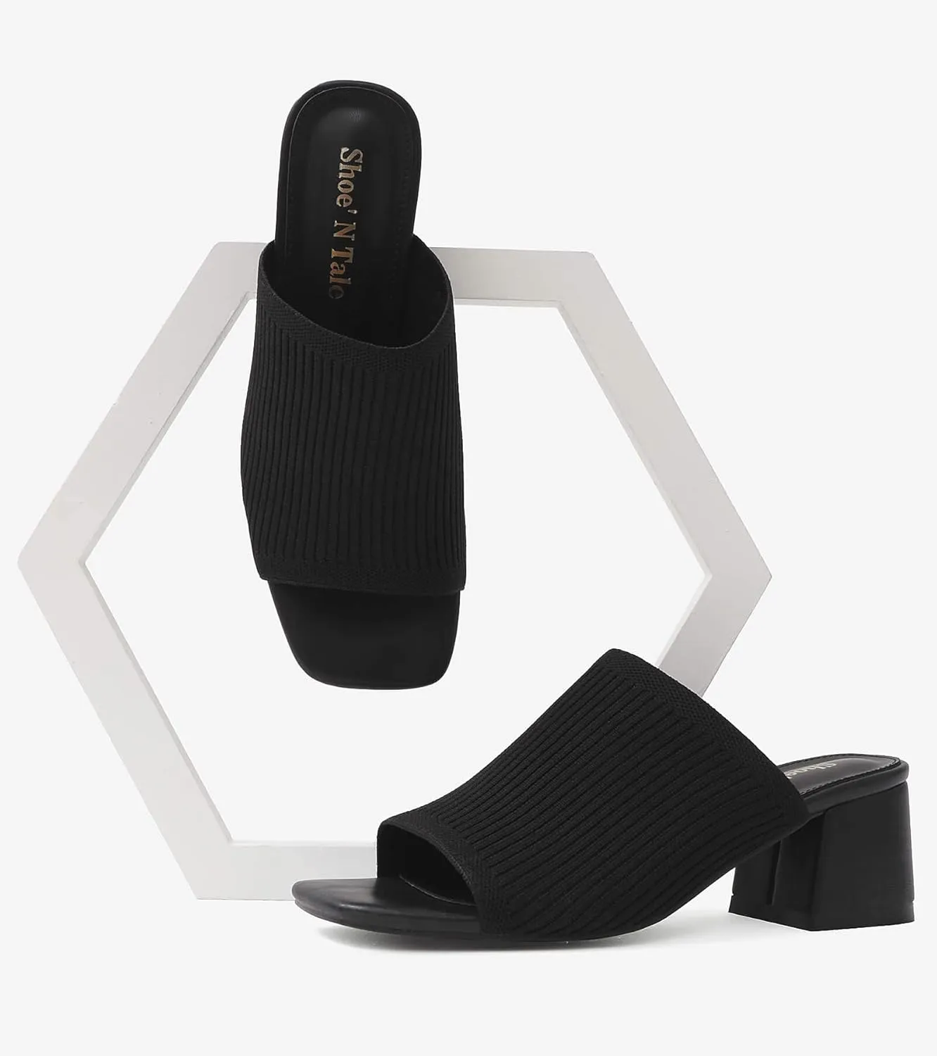 Shoe'N Tale Knit Heeled Sandals for Women Square Open Toe Mules Block Low Heel Slip On Slides