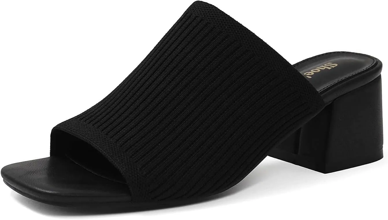 Shoe'N Tale Knit Heeled Sandals for Women Square Open Toe Mules Block Low Heel Slip On Slides