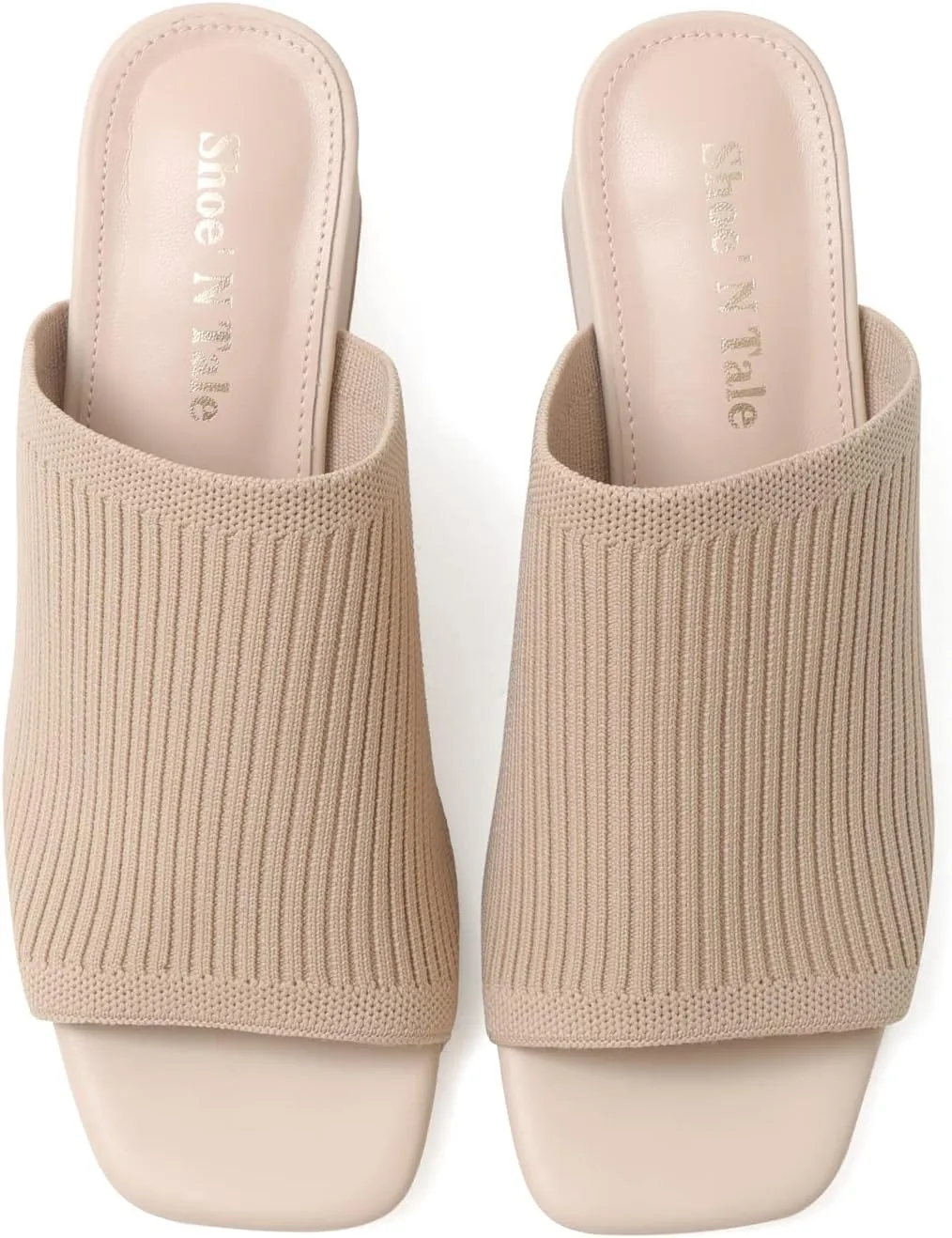 Shoe'N Tale Knit Heeled Sandals for Women Square Open Toe Mules Block Low Heel Slip On Slides