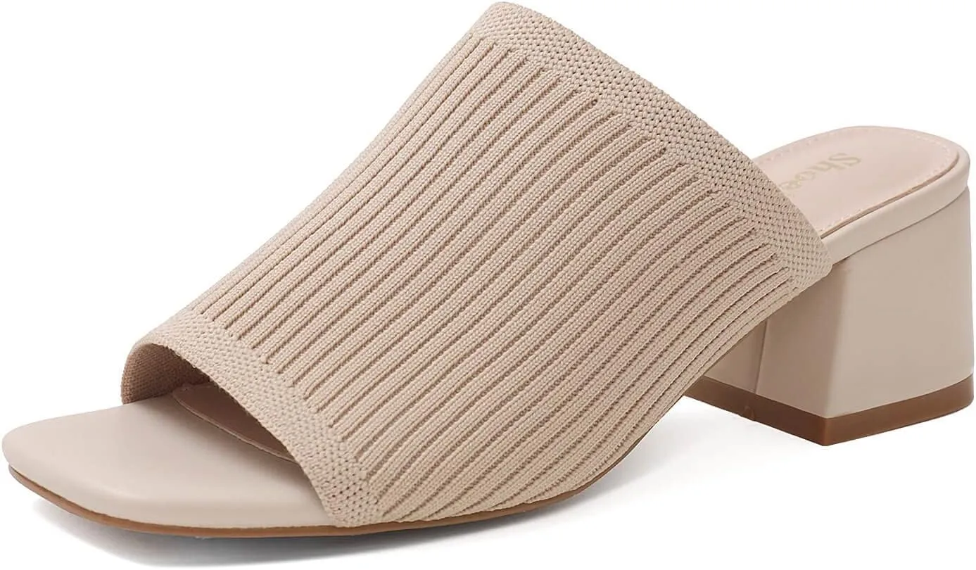 Shoe'N Tale Knit Heeled Sandals for Women Square Open Toe Mules Block Low Heel Slip On Slides