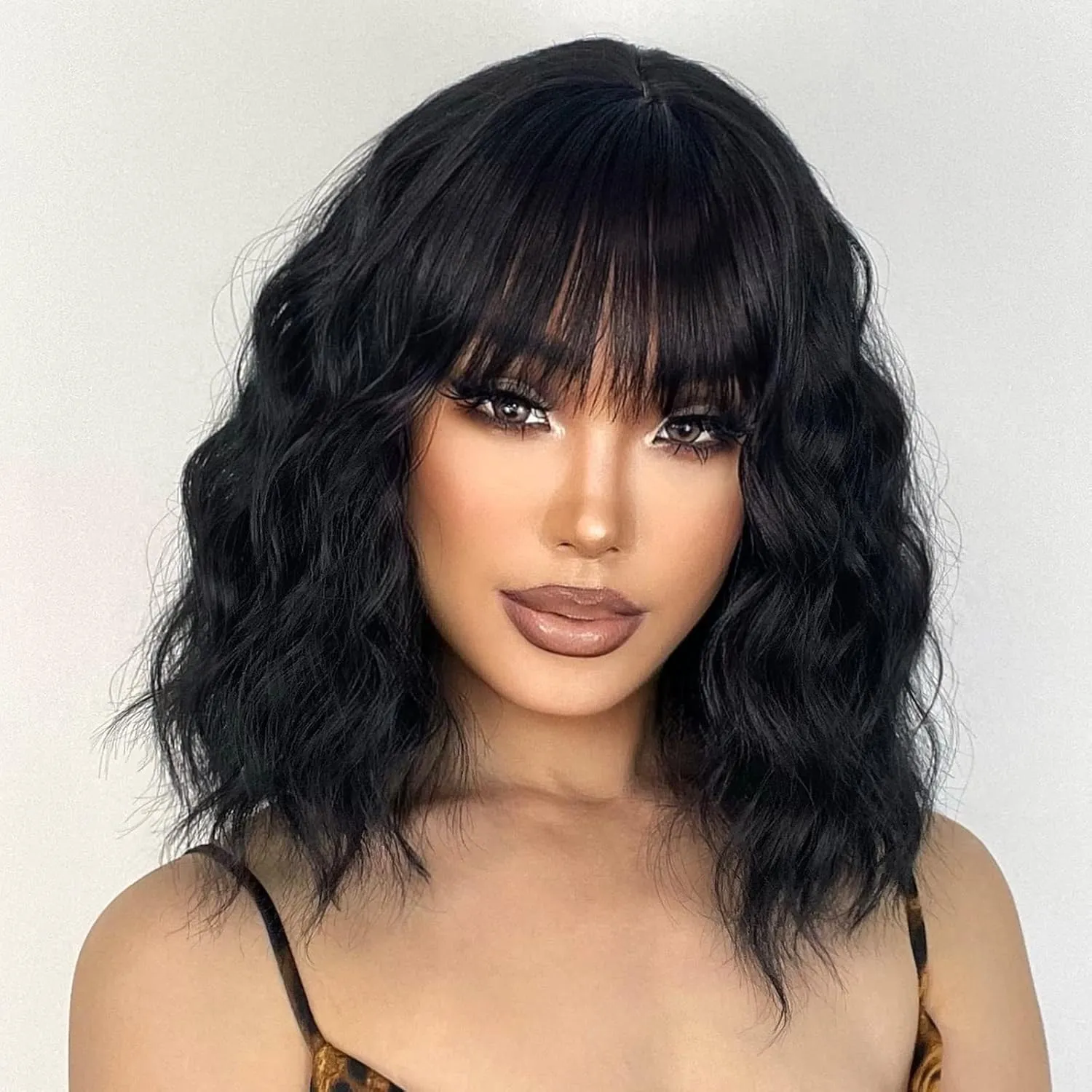 Short Black Wig with Bangs, Short Black Natural Wavy Wigs for Women, Wavy Black Wig with Bangs Synthetic Natural Looking Heat Resistant Fiber Cosplay Wigs
