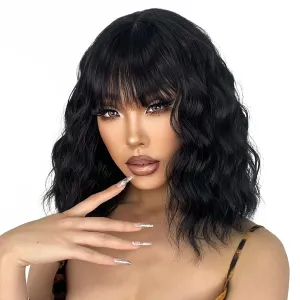Short Black Wig with Bangs, Short Black Natural Wavy Wigs for Women, Wavy Black Wig with Bangs Synthetic Natural Looking Heat Resistant Fiber Cosplay Wigs