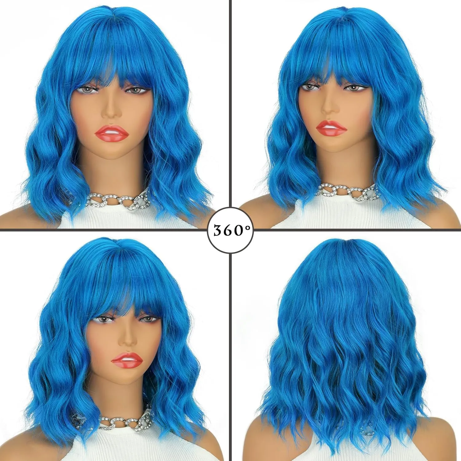 Short Blue Wavy Wig with Bangs 14 Inch Natural Blue Wigs for Women Shoulder Length Synthetic Heat Resistant Fiber Wig Colored Wigs for Daily Party Use Halloween Cosplay Wigs
