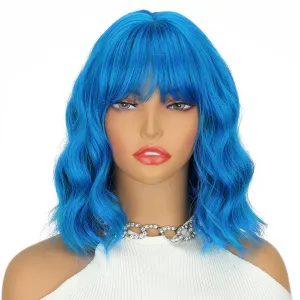 Short Blue Wavy Wig with Bangs 14 Inch Natural Blue Wigs for Women Shoulder Length Synthetic Heat Resistant Fiber Wig Colored Wigs for Daily Party Use Halloween Cosplay Wigs