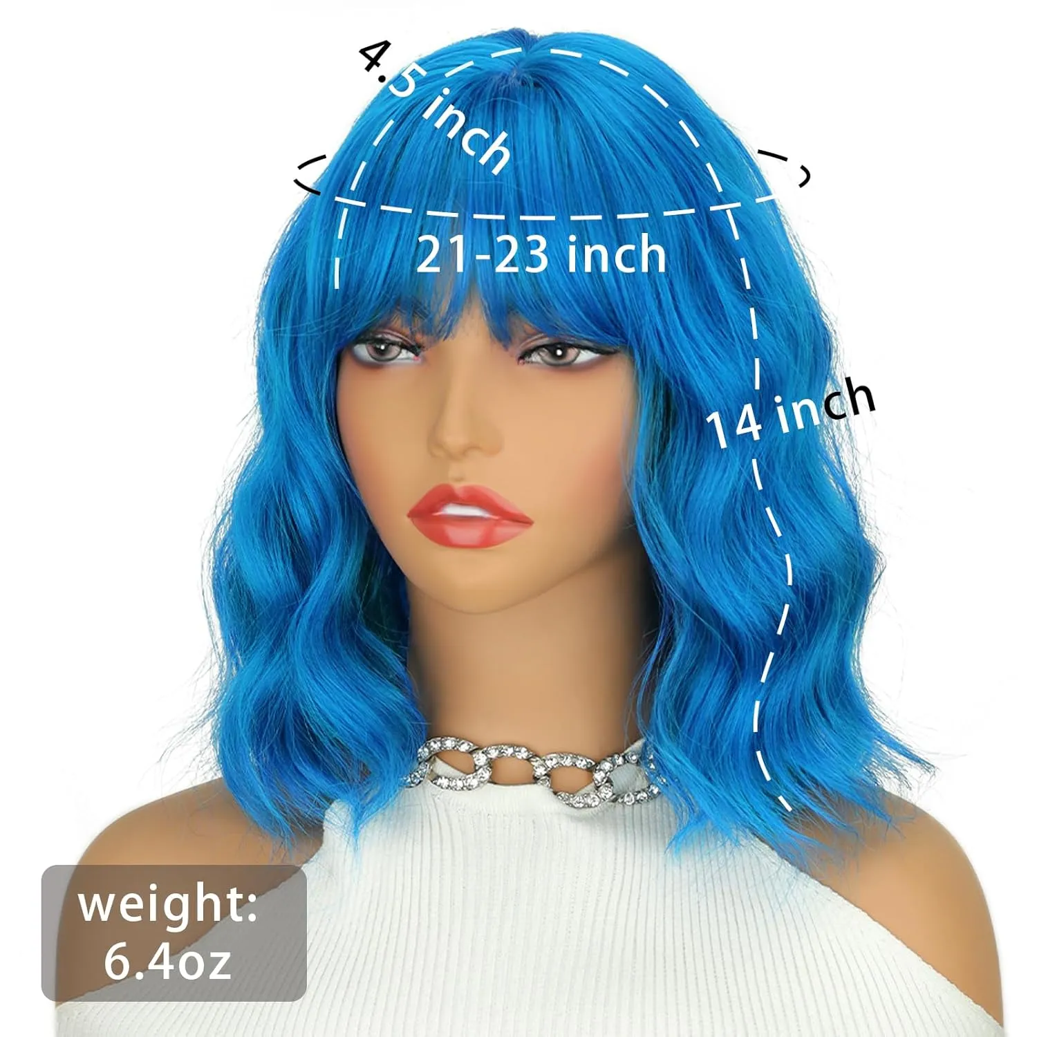 Short Blue Wavy Wig with Bangs 14 Inch Natural Blue Wigs for Women Shoulder Length Synthetic Heat Resistant Fiber Wig Colored Wigs for Daily Party Use Halloween Cosplay Wigs