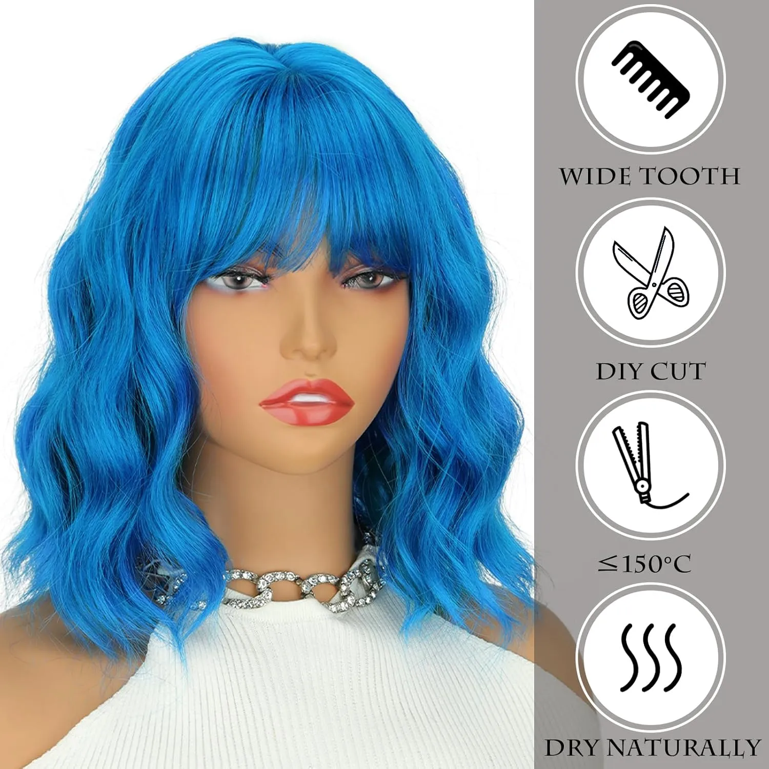 Short Blue Wavy Wig with Bangs 14 Inch Natural Blue Wigs for Women Shoulder Length Synthetic Heat Resistant Fiber Wig Colored Wigs for Daily Party Use Halloween Cosplay Wigs