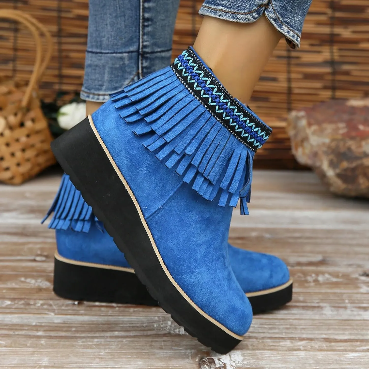Short Boots for Women Casual Black Ankle Boots for Women Comfortable Soft Sole Thick Wedge Heel Tassel Frosted Boots