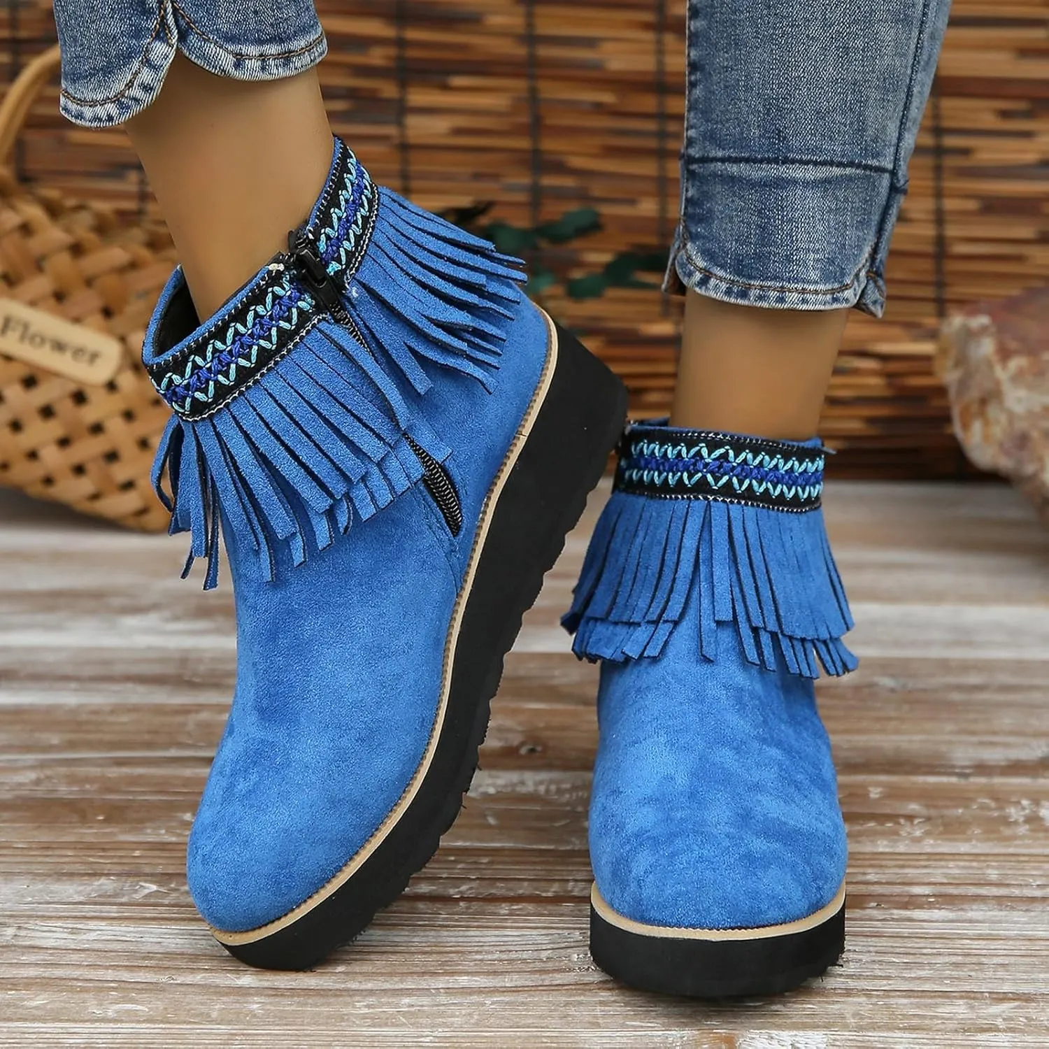 Short Boots for Women Casual Black Ankle Boots for Women Comfortable Soft Sole Thick Wedge Heel Tassel Frosted Boots