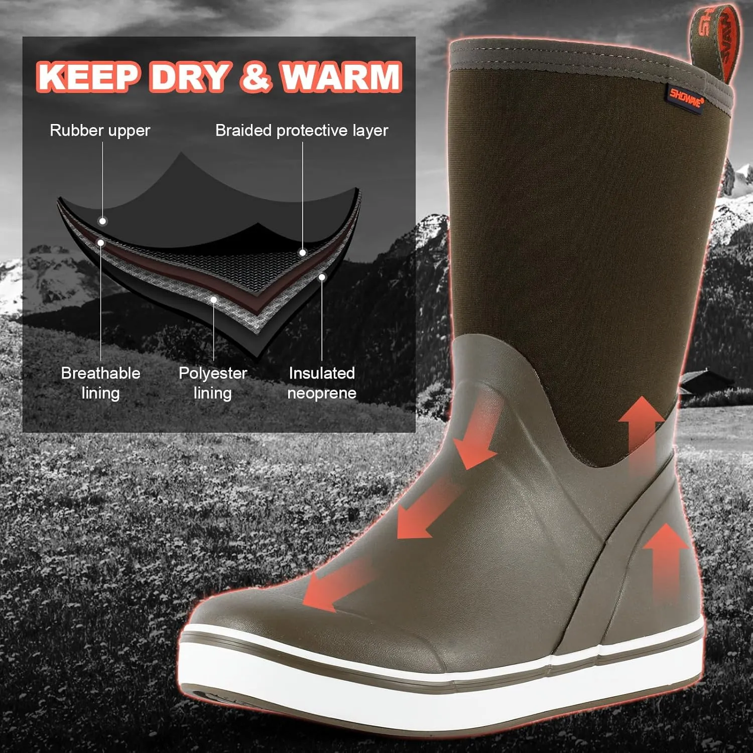 Showave Men's Deck Boots Mid Calf Rubber Boots Waterproof Fishing Sailing Boots Non-Slip Insulated Rain Boots For Outdoor Gardening Mud Yard Working