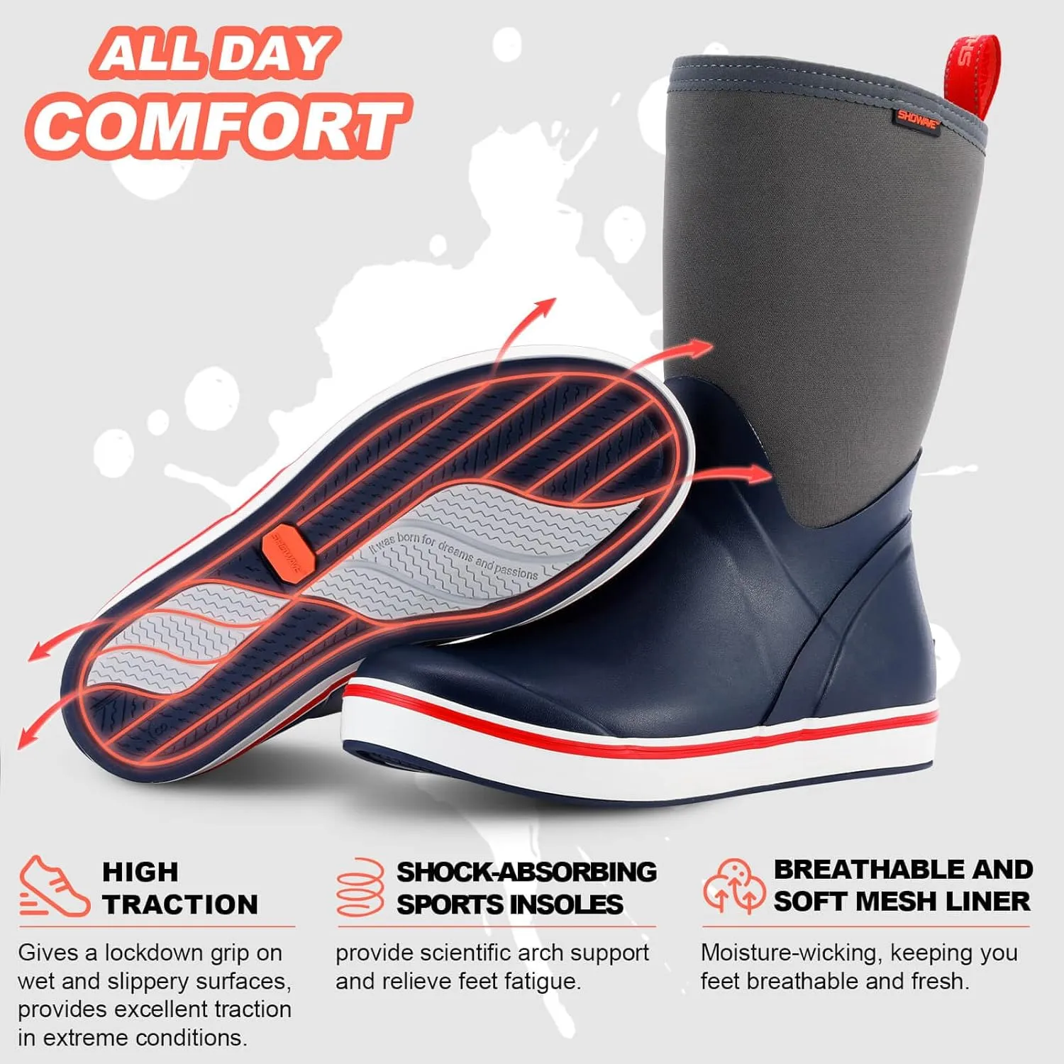 Showave Men's Deck Boots Mid Calf Rubber Boots Waterproof Fishing Sailing Boots Non-Slip Insulated Rain Boots For Outdoor Gardening Mud Yard Working