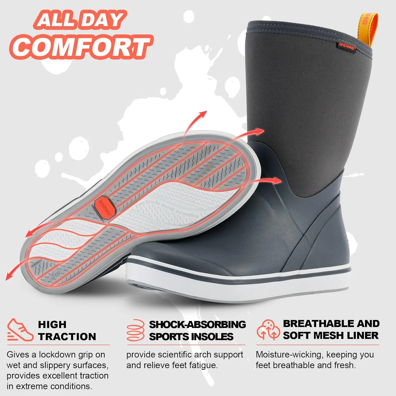 Showave Men's Deck Boots Mid Calf Rubber Boots Waterproof Fishing Sailing Boots Non-Slip Insulated Rain Boots For Outdoor Gardening Mud Yard Working