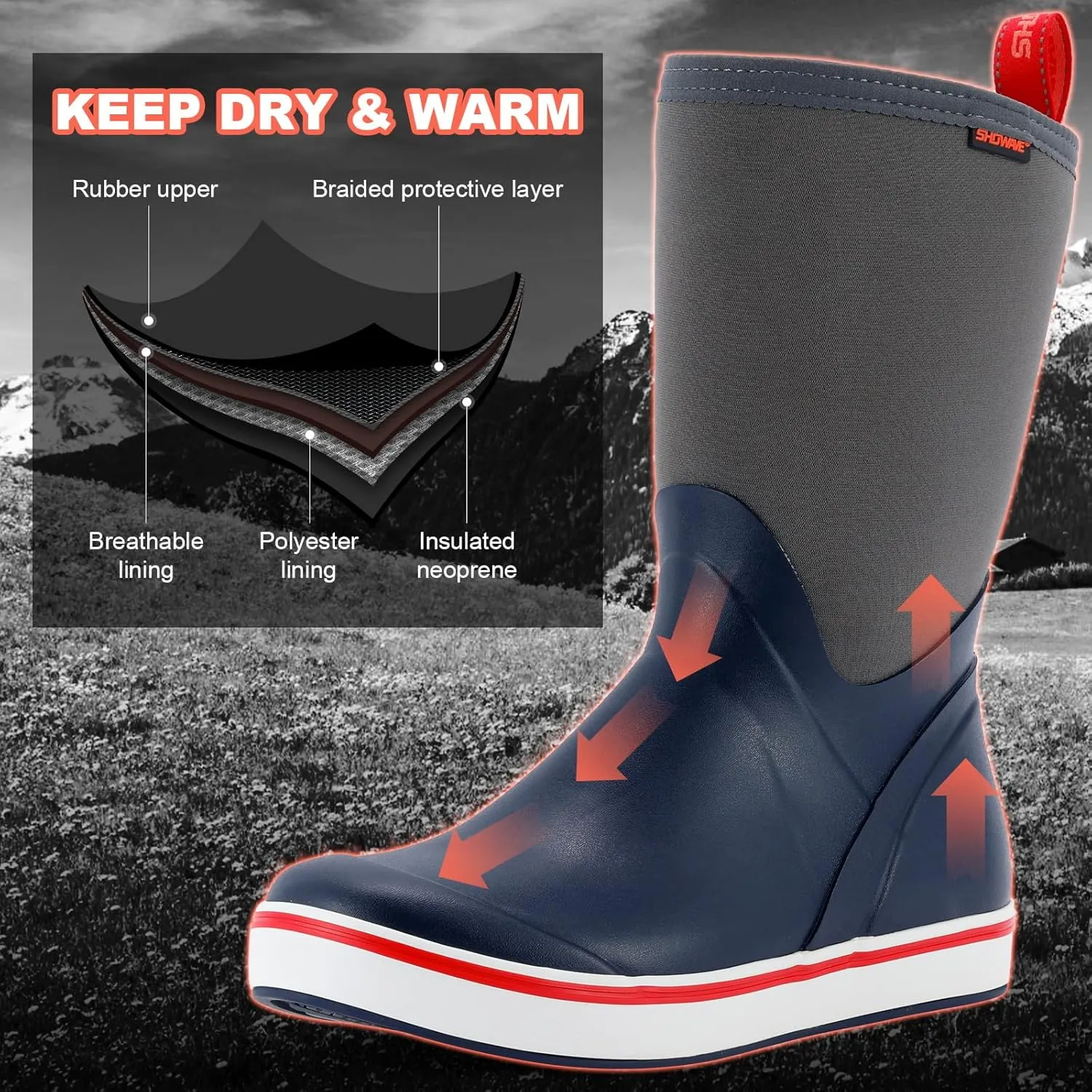 Showave Men's Deck Boots Mid Calf Rubber Boots Waterproof Fishing Sailing Boots Non-Slip Insulated Rain Boots For Outdoor Gardening Mud Yard Working