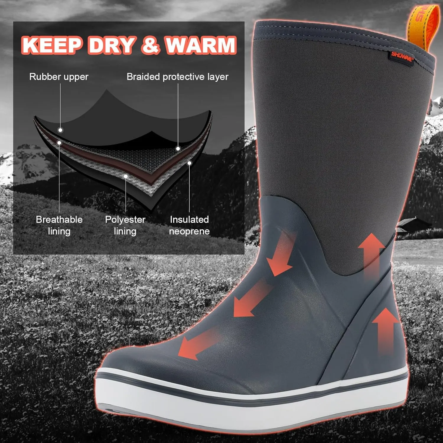 Showave Men's Deck Boots Mid Calf Rubber Boots Waterproof Fishing Sailing Boots Non-Slip Insulated Rain Boots For Outdoor Gardening Mud Yard Working
