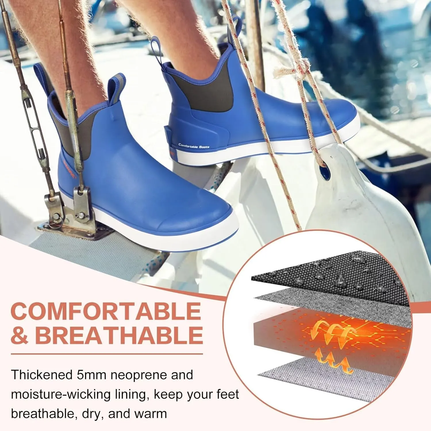 Showave Men’s Deck Boots Waterproof Ankle Saltwater Rain Boot Fishing Rubber Boots Slip On Neoprene Boat Booties Work Sailing Boot For Men