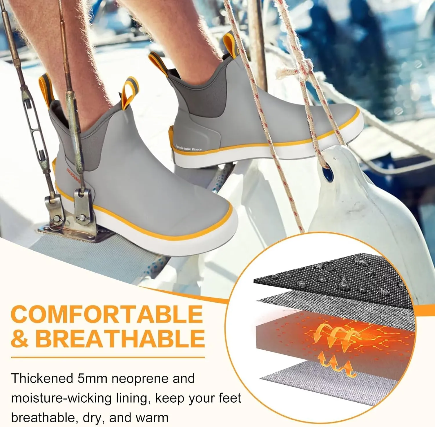 Showave Men’s Deck Boots Waterproof Ankle Saltwater Rain Boot Fishing Rubber Boots Slip On Neoprene Boat Booties Work Sailing Boot For Men