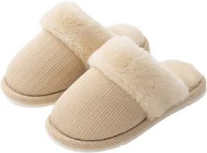Simple Striped Plush Slippers Soft Fluffy Warm Cozy Home Non-Slip Couple Style Casual Memory Foam Fuzzy Slides Indoor Outdoor Anti-Skid (Size:40-41,Color:beige)