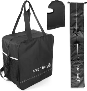 Ski & Boot Bag Set - Waterproof Travel Carry Bags with Adjustable Length Roll Top - Spacious Storage for Skiing Essentials, Black