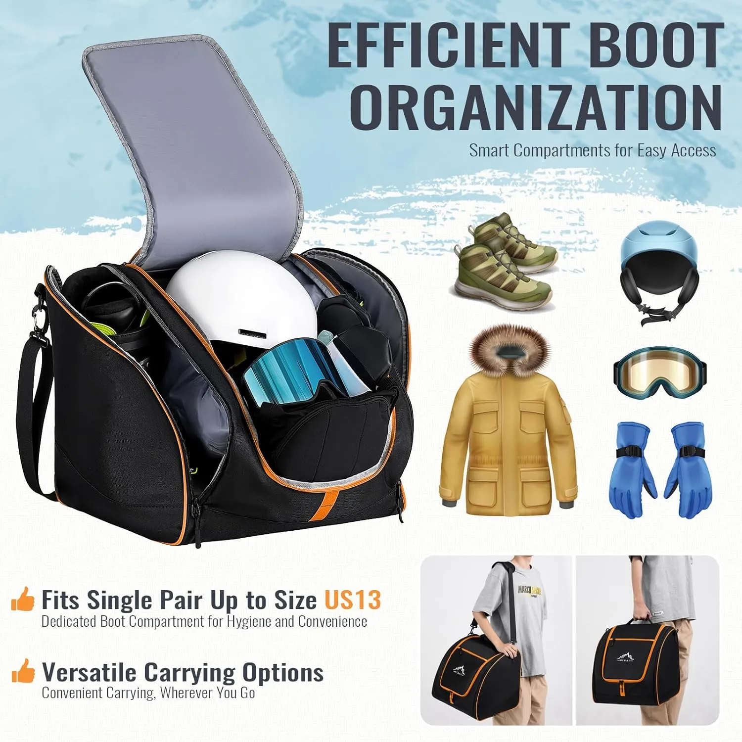 Ski Bag and Boot Bag Combo, Padded Skis Bag for Air Travel, Safety Reinforce Ski Carrier Bag Fits for Skis Up to 200 CM and Boots Up To Size US13, Water- resistant Ski Travel Bag