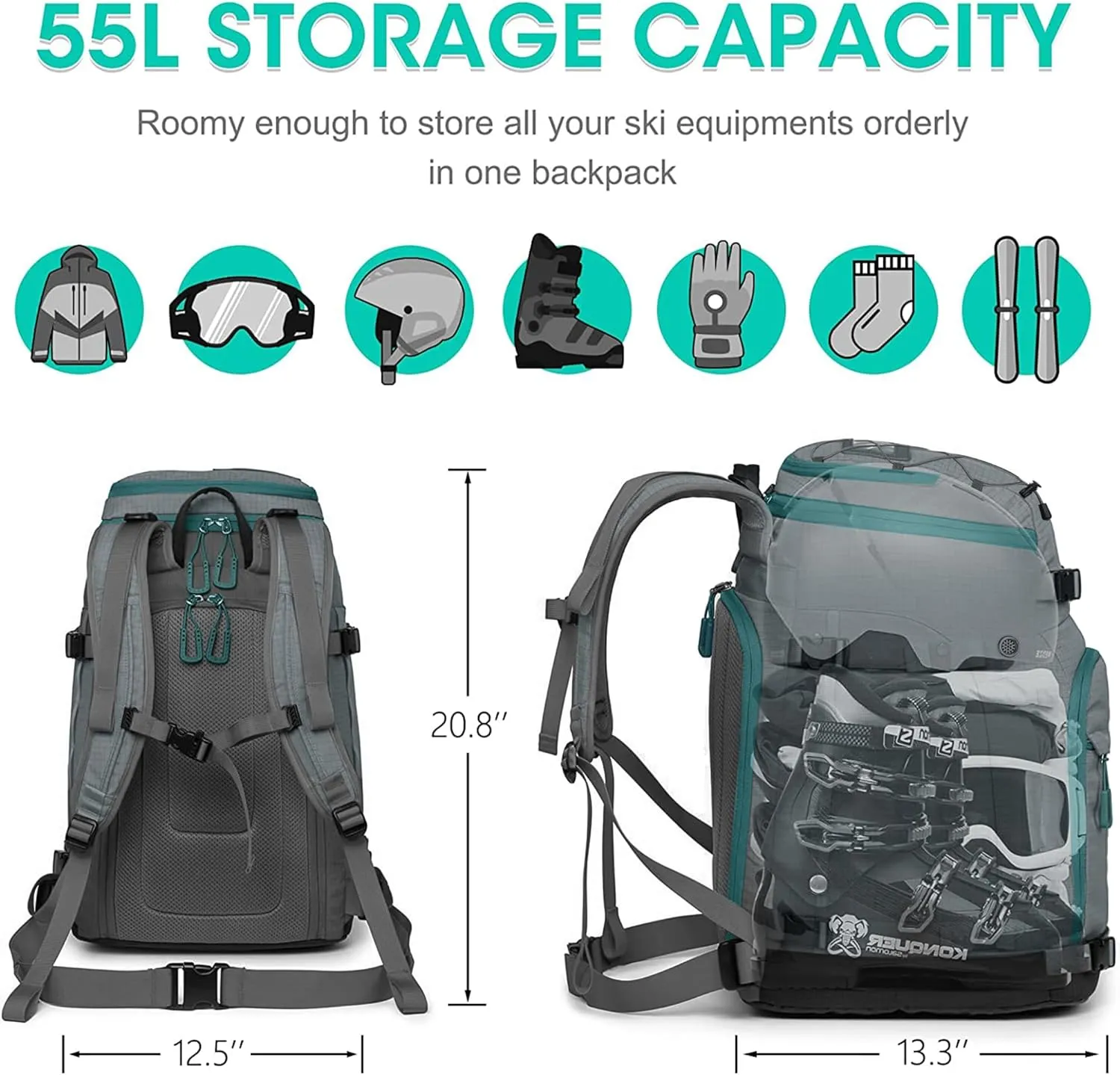 Ski Boot Bag, 55L Waterproof Ski and Snowboard Boots Travel Backpack for Skis, Snowboard, Ski Helmet, & Accessories