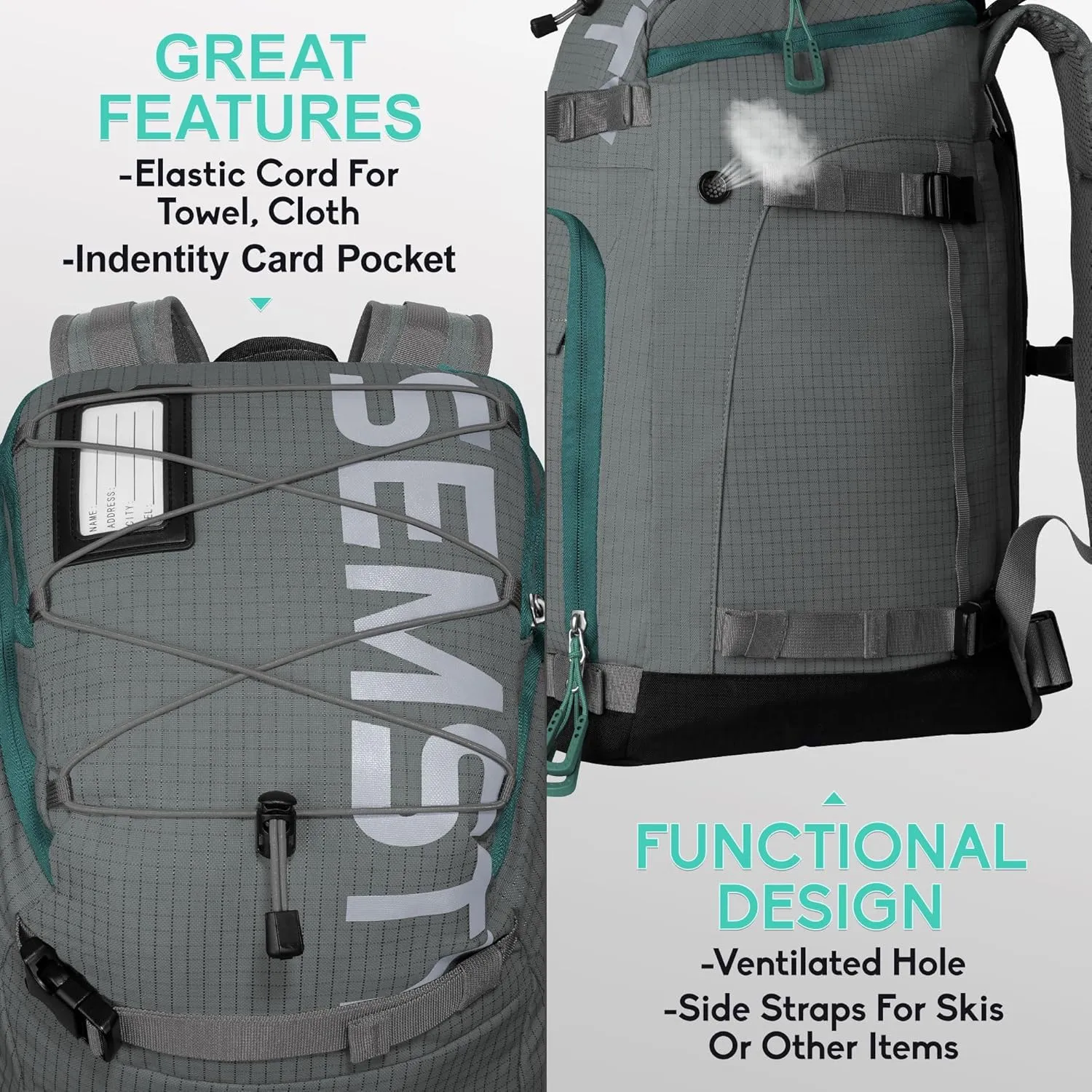 Ski Boot Bag, 55L Waterproof Ski and Snowboard Boots Travel Backpack for Skis, Snowboard, Ski Helmet, & Accessories