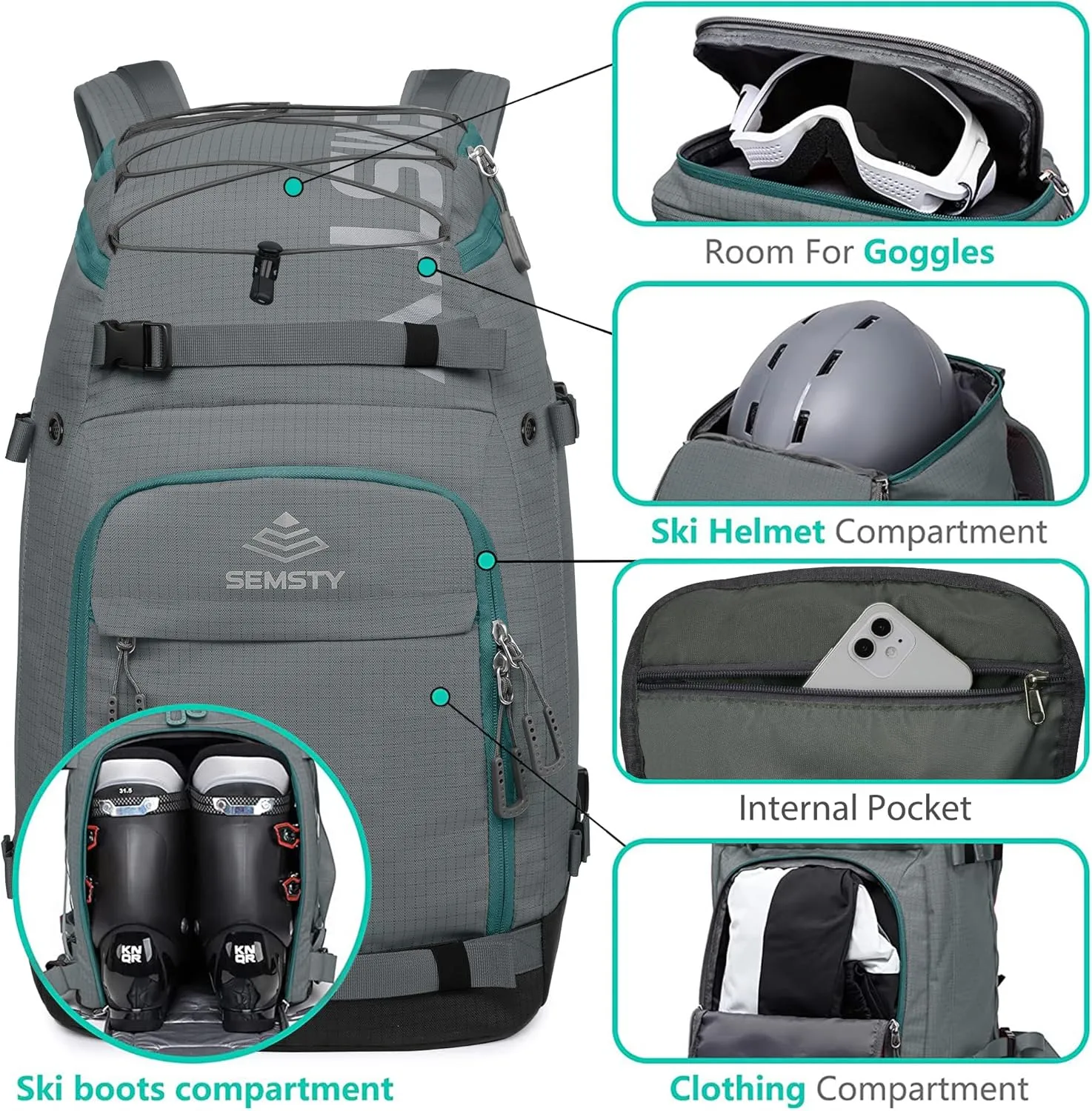 Ski Boot Bag, 55L Waterproof Ski and Snowboard Boots Travel Backpack for Skis, Snowboard, Ski Helmet, & Accessories