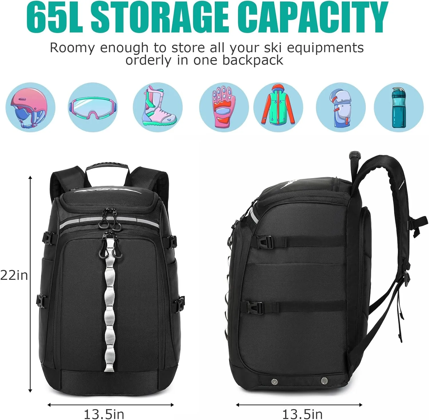 Ski Boot Bag, 65L Ski Boot Travel Backpack for Ski Helmet, Goggles, Gloves, Skis, Snowboard & Accessories, Waterproof Ski Bag, Durable and Stylish